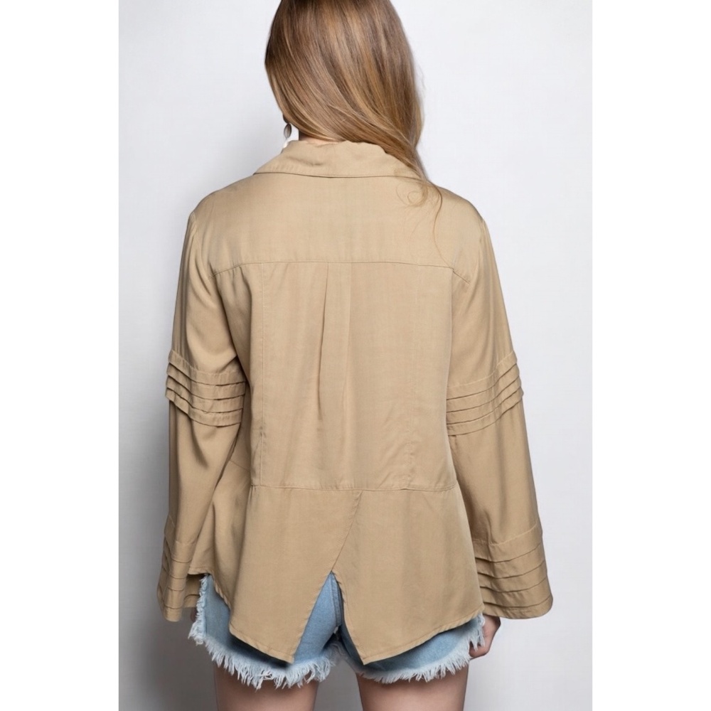 POL Olive Pleated Wide Long Sleeve Button Down Shirt - Picture 4 of 9